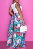 Colorful Blue Casual Street Print Patchwork Loose High Waist Wide Leg Full Print Bottoms