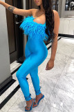 Blue Sexy Solid Patchwork Feathers Strapless Regular Jumpsuits