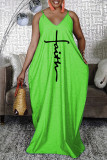 Green Fashion Sexy Print Backless Spaghetti Strap Long Dress