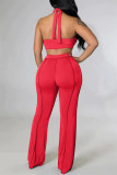 Red Sexy Casual Solid Bandage Backless Halter Sleeveless Two Pieces