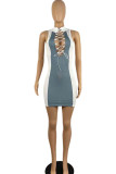 Blue White Sexy Solid Bandage Hollowed Out Patchwork Half A Turtleneck One Step Skirt Dresses