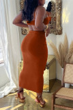 Brown Fashion Sexy Solid Hollowed Out Patchwork Backless Spaghetti Strap Sleeveless Two Pieces