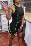 Black Casual Sportswear Solid Patchwork O Neck Regular Rompers
