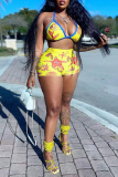 Yellow Vacation Print Patchwork Swimwears