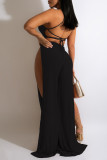 Black Sexy Solid Patchwork Slit Halter Straight Jumpsuits