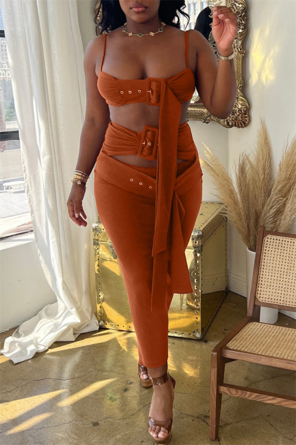 Brown Fashion Sexy Solid Hollowed Out Patchwork Backless Spaghetti Strap Sleeveless Two Pieces