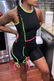 Black Casual Sportswear Solid Patchwork O Neck Regular Rompers