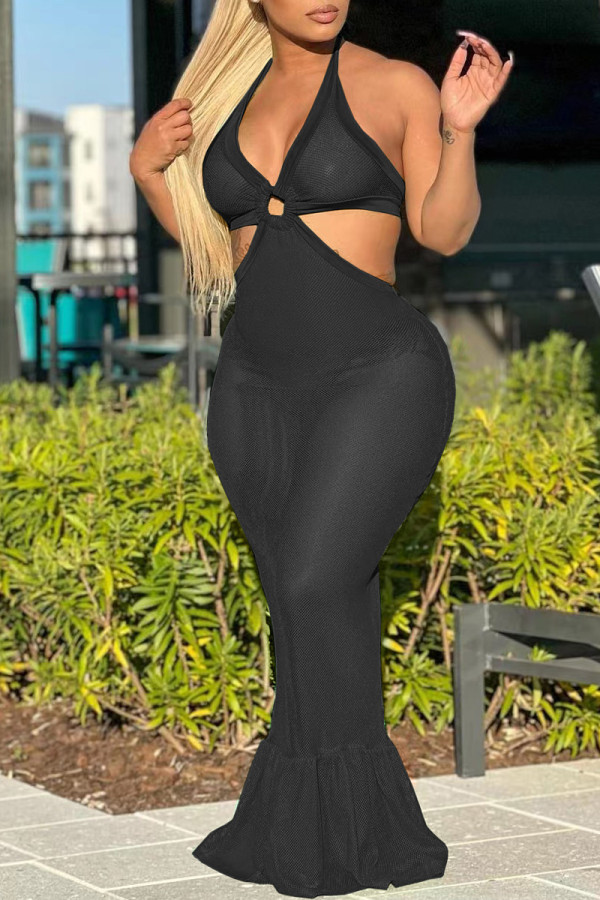 Black Fashion Sexy Solid Patchwork Backless Halter Sleeveless Dress