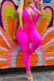 Rose Red Fashion Sexy Solid Hollowed Out Backless V Neck Skinny Jumpsuits