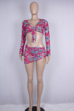 Colour Sexy Print Bandage Patchwork See-through V Neck Long Sleeve Three Pieces