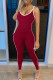 Burgundy Casual Sportswear Solid Patchwork Spaghetti Strap Regular Jumpsuits