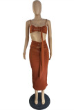 Brown Fashion Sexy Solid Hollowed Out Patchwork Backless Spaghetti Strap Sleeveless Two Pieces