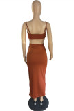 Brown Fashion Sexy Solid Hollowed Out Patchwork Backless Spaghetti Strap Sleeveless Two Pieces