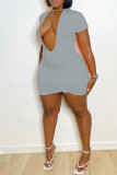 Grey Fashion Casual Solid Basic V Neck Short Sleeve Dress Dresses