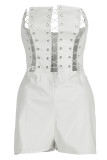 White Fashion Sexy Solid Backless Strap Design Strapless Skinny Romper