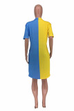Yellow And Blue Casual Solid Patchwork Slit V Neck Short Sleeve Two Pieces