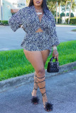 Blue Casual Print Patchwork Buckle Turndown Collar Long Sleeve Two Pieces