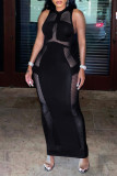 Black Sexy Solid Hollowed Out Patchwork See-through O Neck One Step Skirt Dresses
