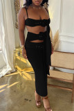 Brown Fashion Sexy Solid Hollowed Out Patchwork Backless Spaghetti Strap Sleeveless Two Pieces