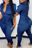 Blue Fashion Sexy Solid Basic Turndown Collar Skinny Jumpsuits