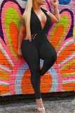 Rose Red Fashion Sexy Solid Hollowed Out Backless V Neck Skinny Jumpsuits