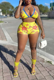 Yellow Vacation Print Patchwork Swimwears
