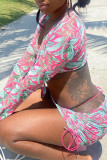 Colour Sexy Print Bandage Patchwork See-through V Neck Long Sleeve Three Pieces
