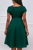 Green Fashion Casual Solid With Belt V Neck Short Sleeve Dress