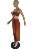 Brown Fashion Sexy Solid Hollowed Out Patchwork Backless Spaghetti Strap Sleeveless Two Pieces