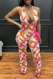 Red Sexy Print Patchwork Halter Regular Jumpsuits