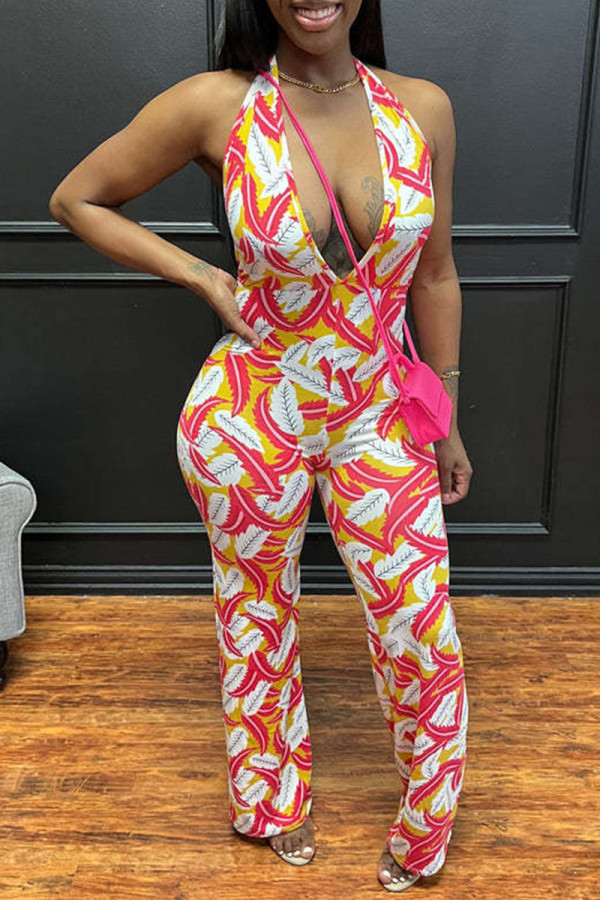 Red Sexy Print Patchwork Halter Regular Jumpsuits