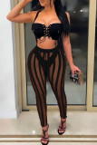 Blue Sexy Striped Print Patchwork See-through High Waist Pencil Solid Color Bottoms