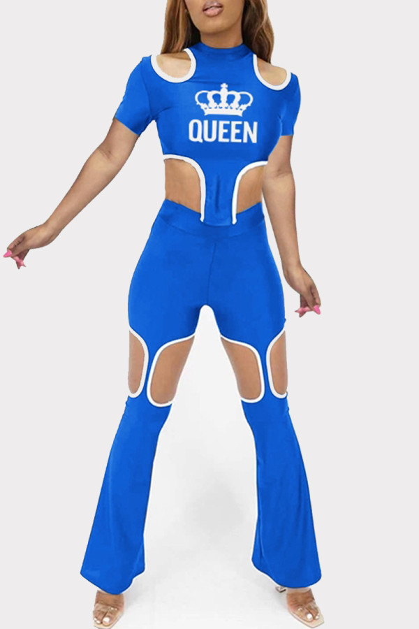 Blue Fashion Casual Letter Print Hollowed Out Asymmetrical Half A Turtleneck Short Sleeve Two Pieces