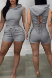 Rose Red Sexy Solid Patchwork Backless Hooded Collar Sleeveless Two Pieces