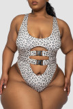 Rose Red Fashion Sexy Print Leopard Hollowed Out U Neck Plus Size Swimwear