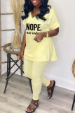 Shallow Yellow Fashion Casual Letter Print V Neck Short Sleeve Two Pieces