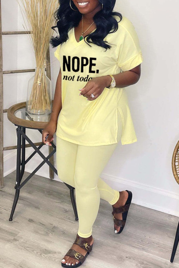 Shallow Yellow Fashion Casual Letter Print V Neck Short Sleeve Two Pieces