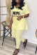 Shallow Yellow Fashion Casual Letter Print V Neck Short Sleeve Two Pieces