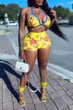 Yellow Vacation Print Patchwork Swimwears