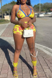 Yellow Vacation Print Patchwork Swimwears