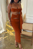 Brown Fashion Sexy Solid Hollowed Out Patchwork Backless Spaghetti Strap Sleeveless Two Pieces