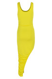 Yellow Sexy Solid Patchwork Fold Asymmetrical U Neck Vest Dress Dresses