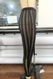 Blue Sexy Striped Print Patchwork See-through High Waist Pencil Solid Color Bottoms