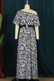 Black White Fashion Casual Print Zebra Print With Belt Oblique Collar Short Sleeve Dress