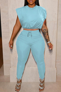 Blue Fashion Casual Solid Basic O Neck Sleeveless Two Pieces