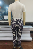 White Casual Print Patchwork O Neck Short Sleeve Two Pieces