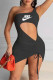 Black Fashion Sexy Print Patchwork One Shoulder One Step Skirt Dresses