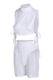 White Sexy Solid Mesh O Neck Sleeveless Two Pieces