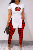 Red Casual Plaid Print Patchwork O Neck Short Sleeve Two Pieces