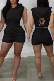 Rose Red Sexy Solid Patchwork Backless Hooded Collar Sleeveless Two Pieces